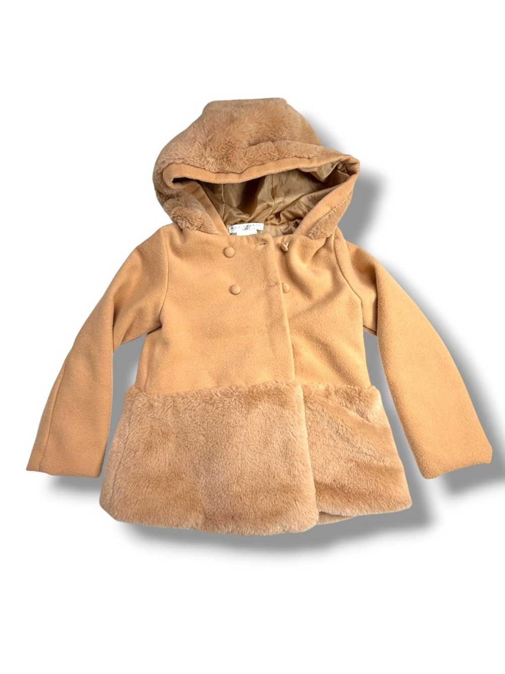 Max Studio Girls Camel Faux Fur Trim Hooded Pea Coat